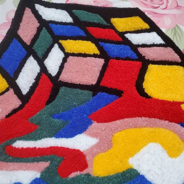 3D Feel Melting Rubiks Cube Hand Tufted Area Rug, Funny Colorful Embroidered Hallway Carpet, Gamer Gift, Tufting Wool Rug, Kids Room Decor