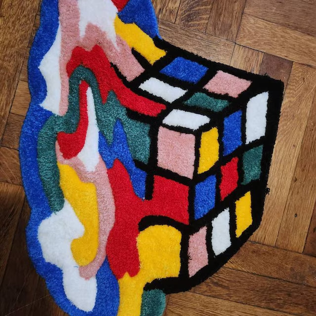 3D Feel Melting Rubiks Cube Hand Tufted Area Rug, Funny Colorful Embroidered Hallway Carpet, Gamer Gift, Tufting Wool Rug, Kids Room Decor