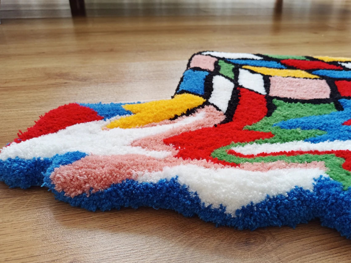 3D Feel Melting Rubiks Cube Hand Tufted Area Rug, Funny Colorful Embroidered Hallway Carpet, Gamer Gift, Tufting Wool Rug, Kids Room Decor