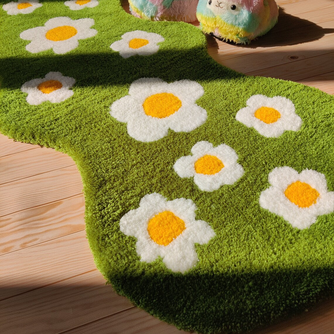 Daisy Flowers Rug Runner Green Meadow With Daisies Hand Tufted Rug