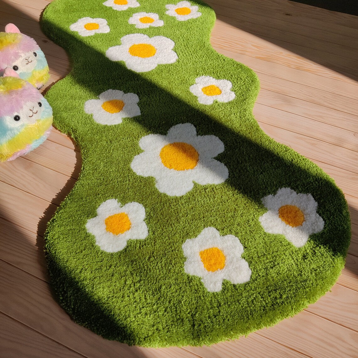 Daisy Flowers Rug Runner Green Meadow With Daisies Hand Tufted Rug