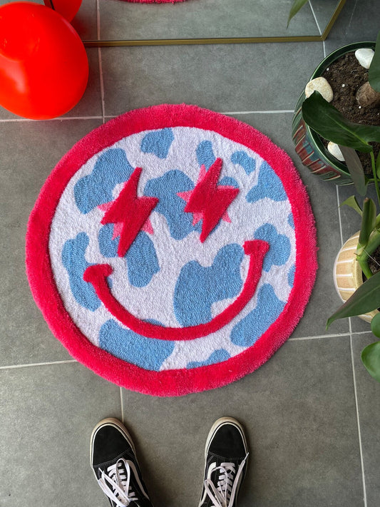 Y2K Acid Smile Face Fluffy Double Layered Cow Pattern Rug