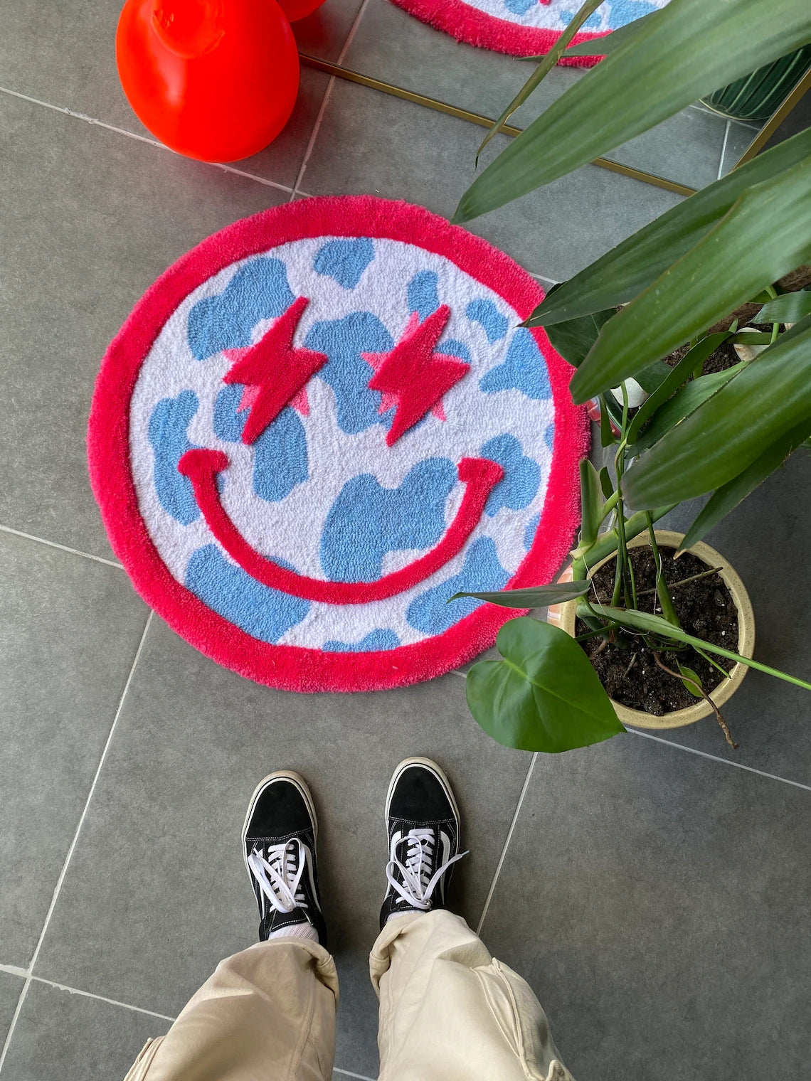 Y2K Acid Smile Face Fluffy Double Layered Cow Pattern Rug