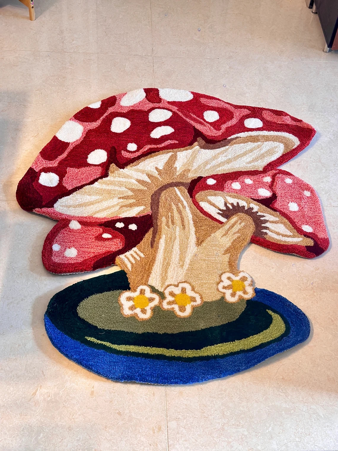 Hand Tufted Mushroom Rug with Flowers, Handmade Fairy Forest Red Toadstool Rug