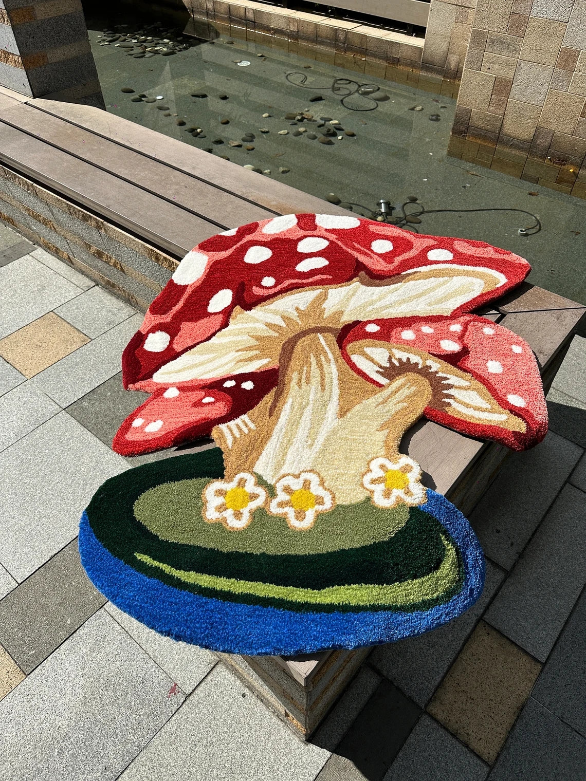 Hand Tufted Mushroom Rug with Flowers, Handmade Fairy Forest Red Toadstool Rug