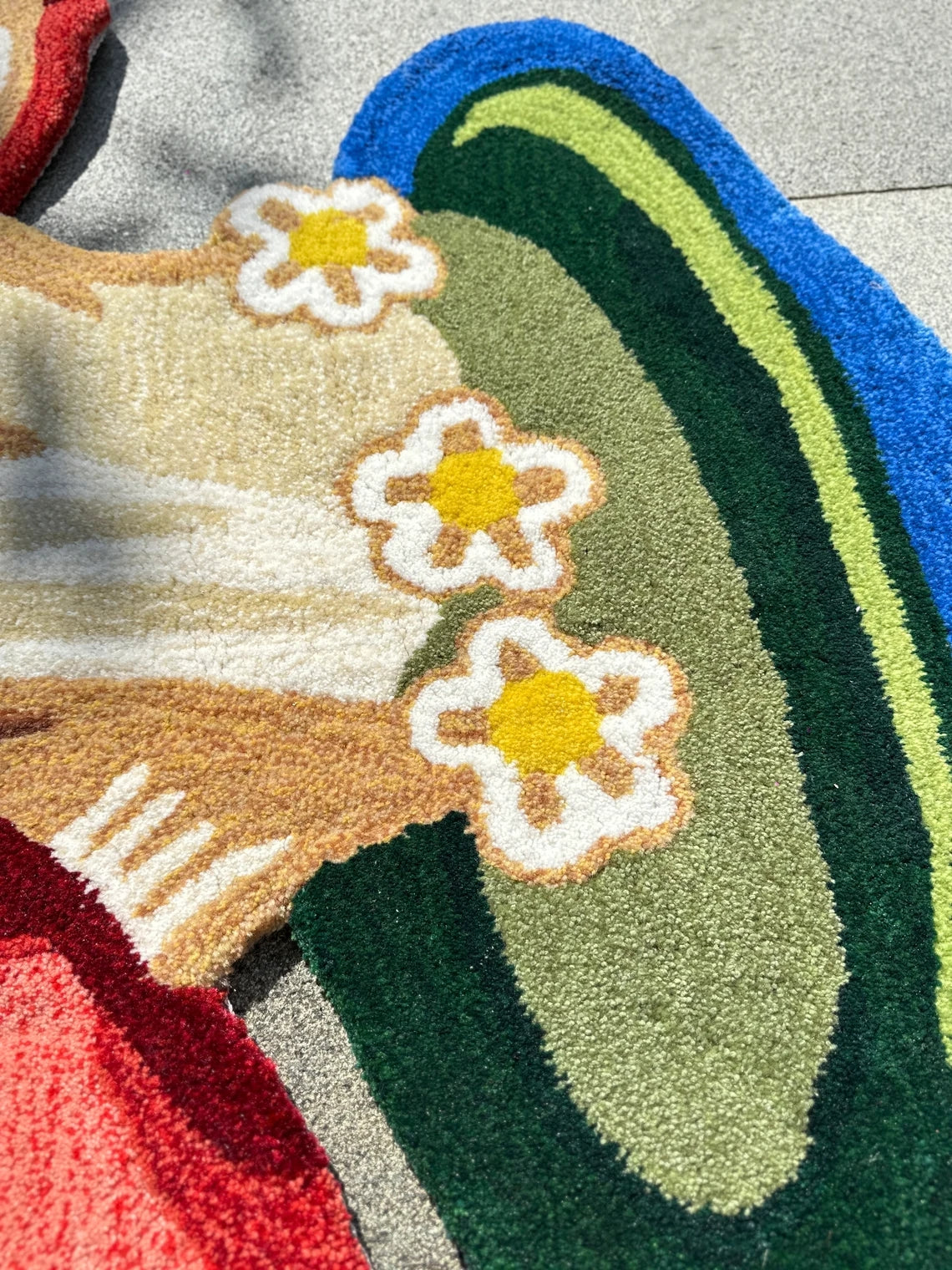 Hand Tufted Mushroom Rug with Flowers, Handmade Fairy Forest Red Toadstool Rug