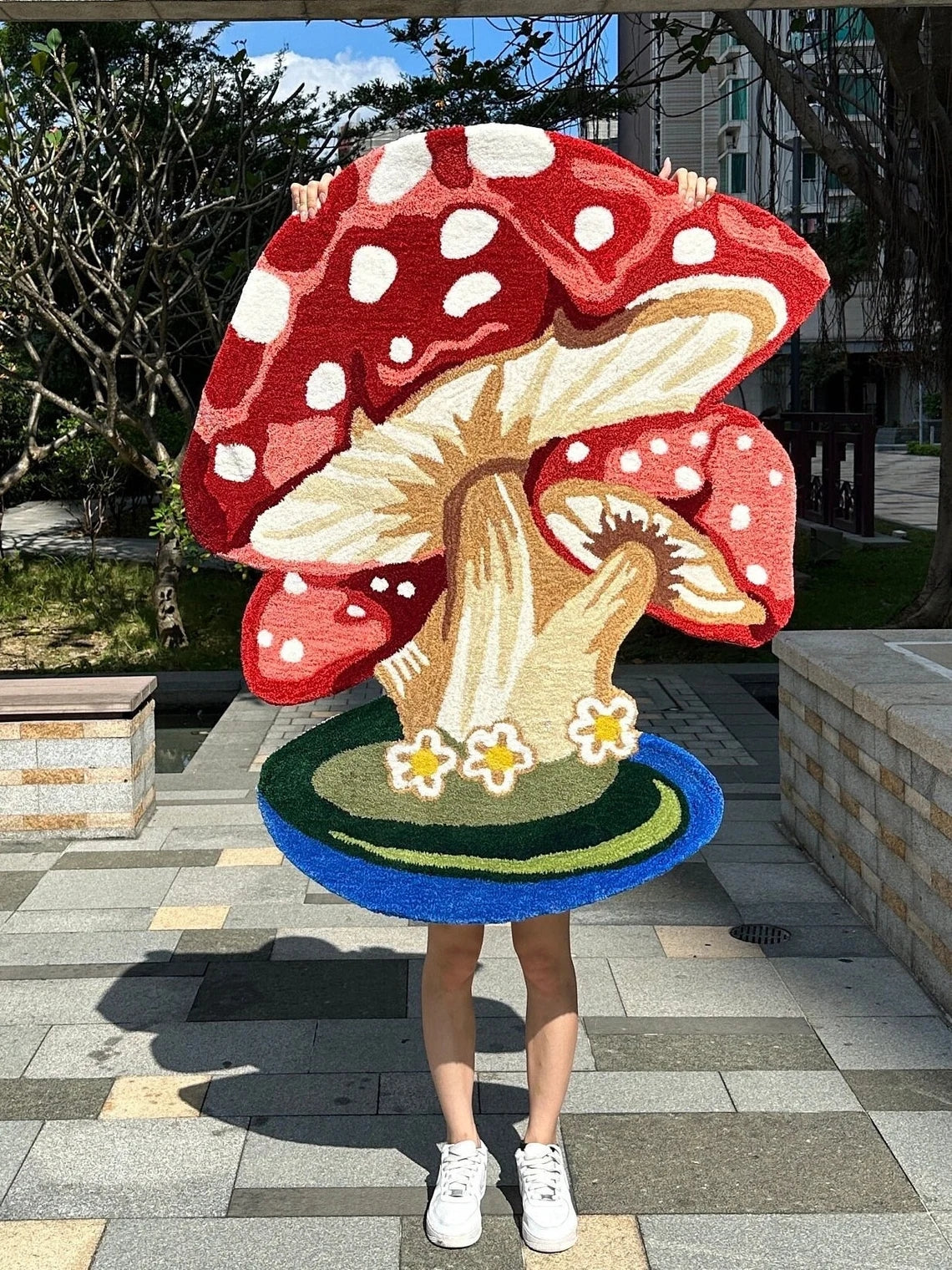 Hand Tufted Mushroom Rug with Flowers, Handmade Fairy Forest Red Toadstool Rug