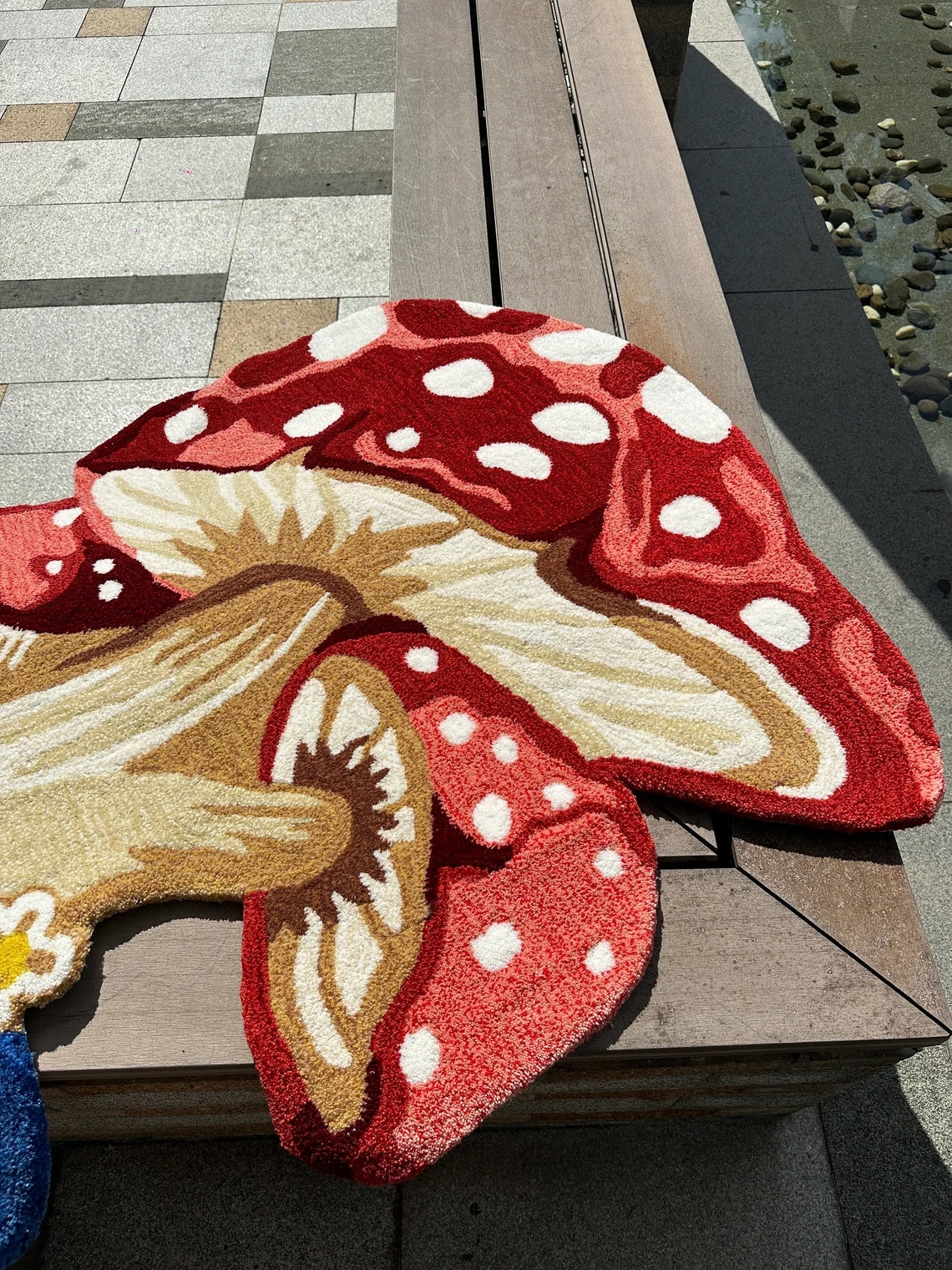 Hand Tufted Mushroom Rug with Flowers, Handmade Fairy Forest Red Toadstool Rug