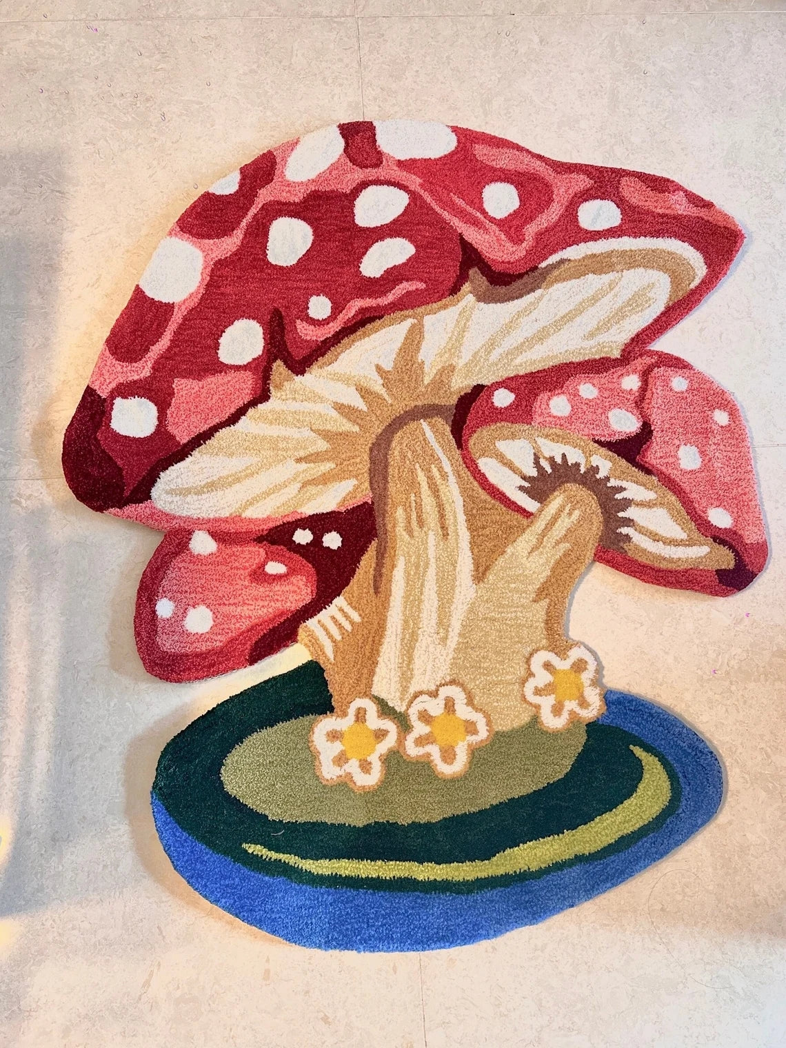 Hand Tufted Mushroom Rug with Flowers, Handmade Fairy Forest Red Toadstool Rug