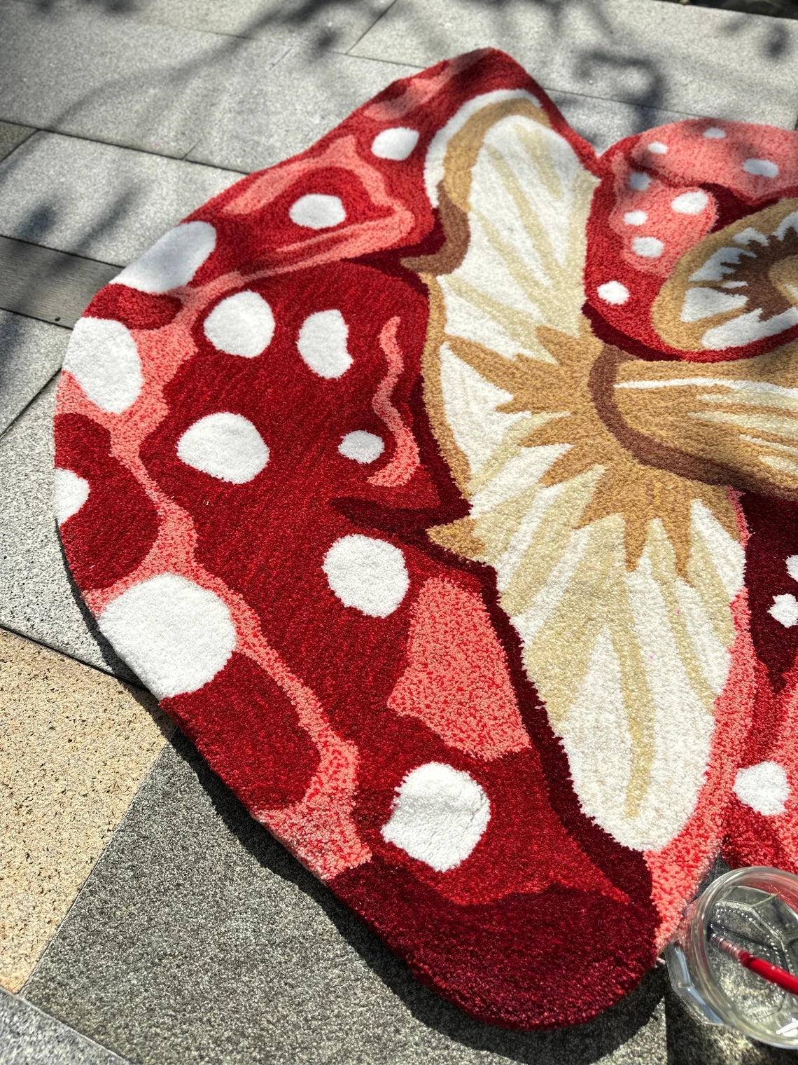 Hand Tufted Mushroom Rug with Flowers, Handmade Fairy Forest Red Toadstool Rug