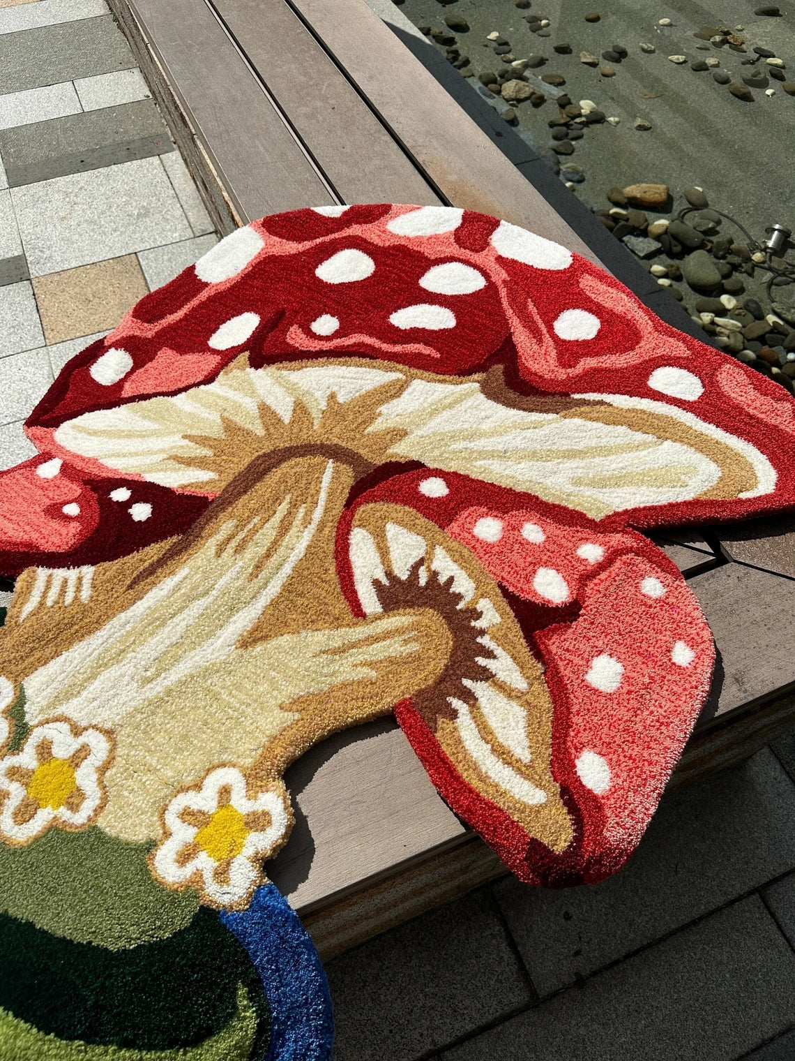 Hand Tufted Mushroom Rug with Flowers, Handmade Fairy Forest Red Toadstool Rug